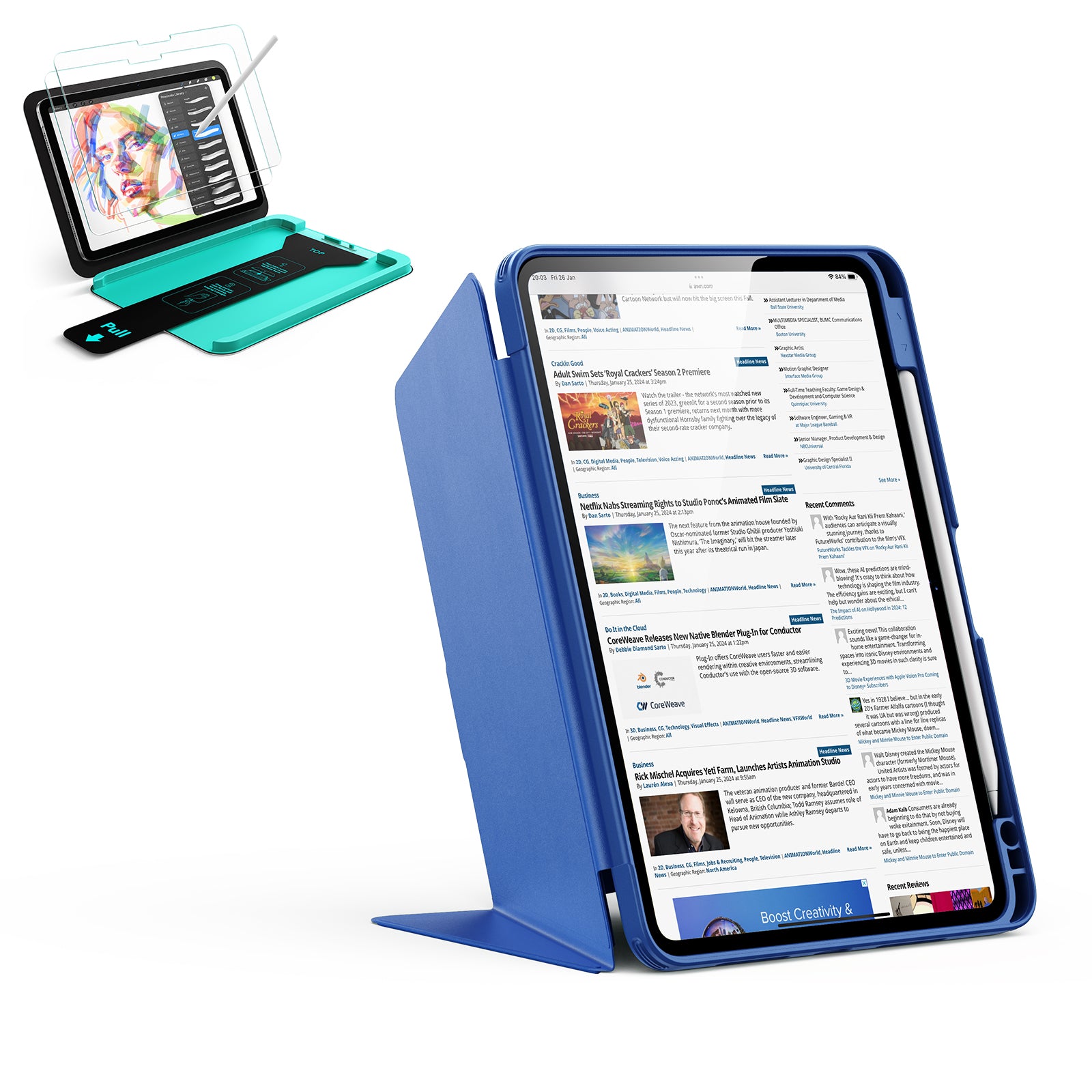 Navy Blue iPad A16 Flip Case & Tempered Glass Paper Feel