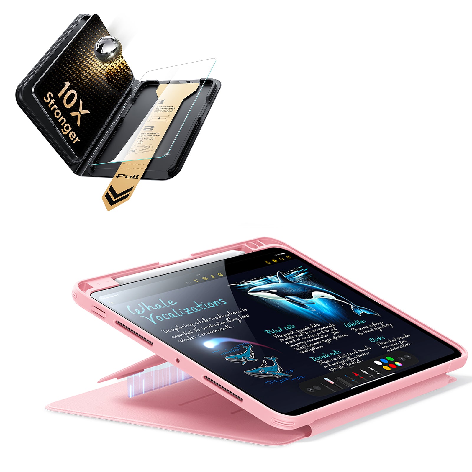 iPad Pro 11インチ(M5) 2025用 Flipマグネットケース（ペンホルダー付き）＆Armorite® Proガラス保護フィルム（UltraFitトレー付き）セット - ピンク  Product type
