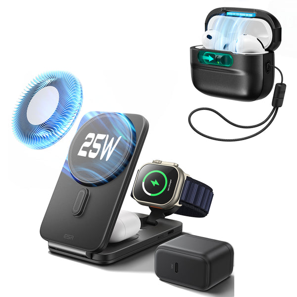 3-in-1充電器 (Qi2 25W) & AirPods Pro 3用ロックケース セット｜ESR