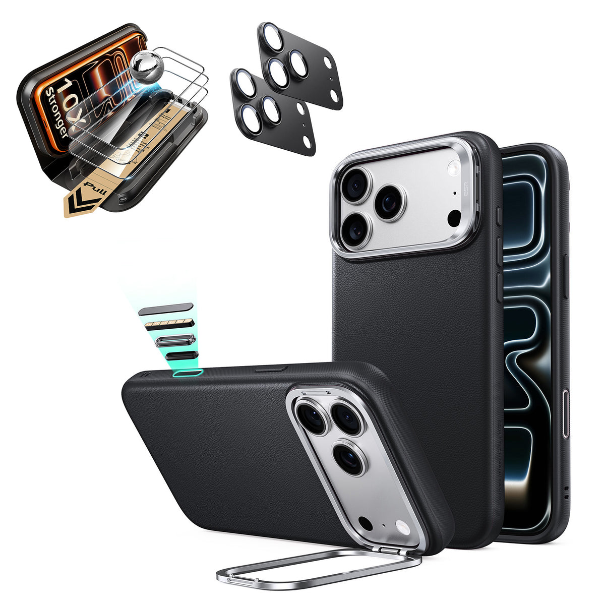 iPhone 18 Pro Max Bundle Atelier Vegan Leather Magnetic Case with Camera Control and Flex Stand, Plus Armorite®️ Pro Screen Protector - Black  Product type