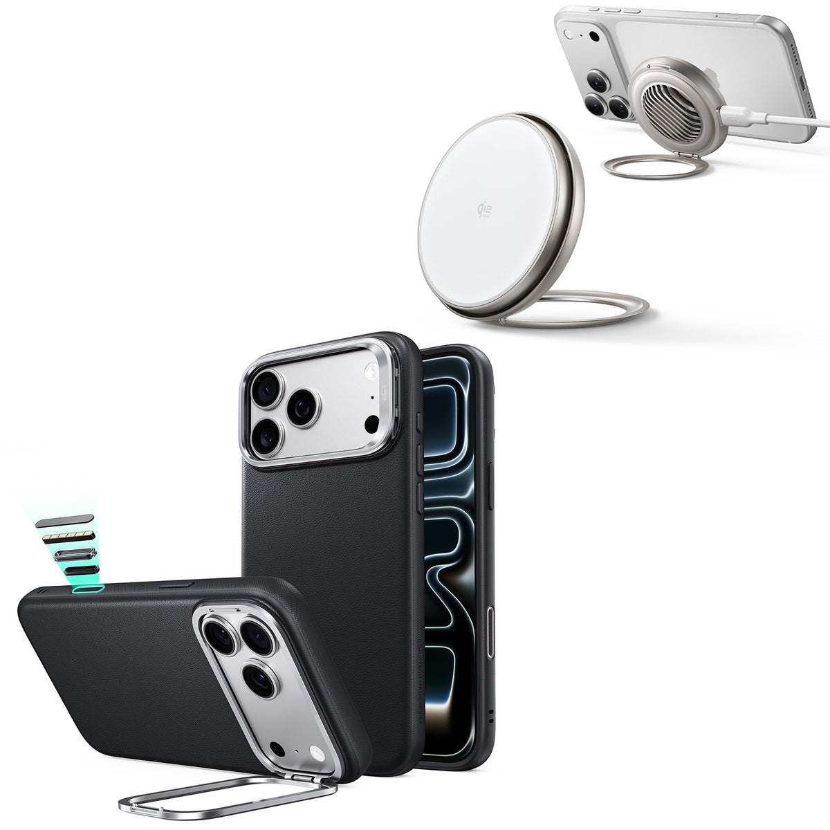 iPhone 18 Pro用Atelierシリコーンレザーマグネットケース カメラコントロールカバー、Flexスタンド付き＆Cyclone 25Wマグネット充電パッド - ブラック  Product type
