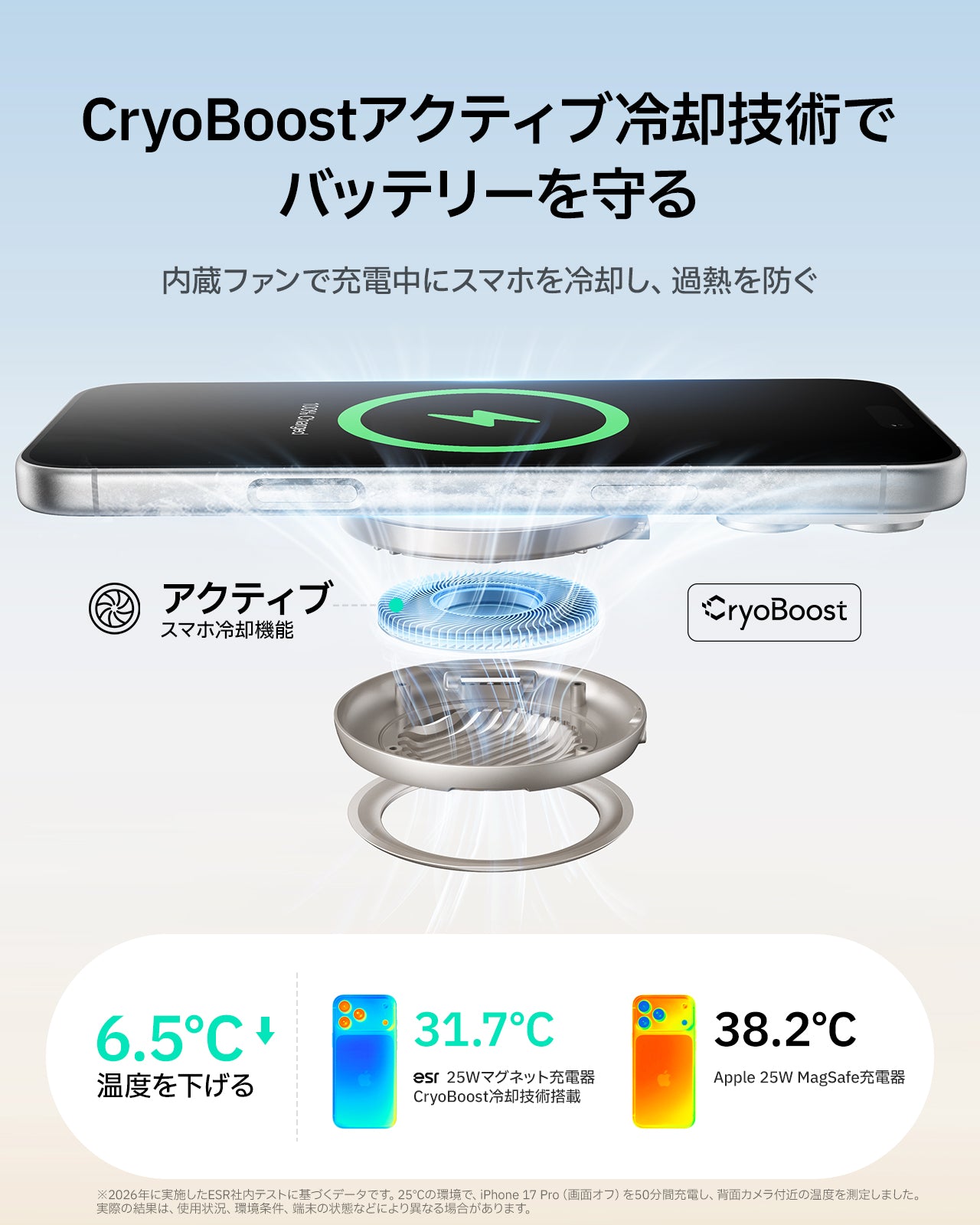 ESR Cyclone 25W マグネット充電パッド CryoBoost冷却ファン搭載 シルバー 1 枚入りKF