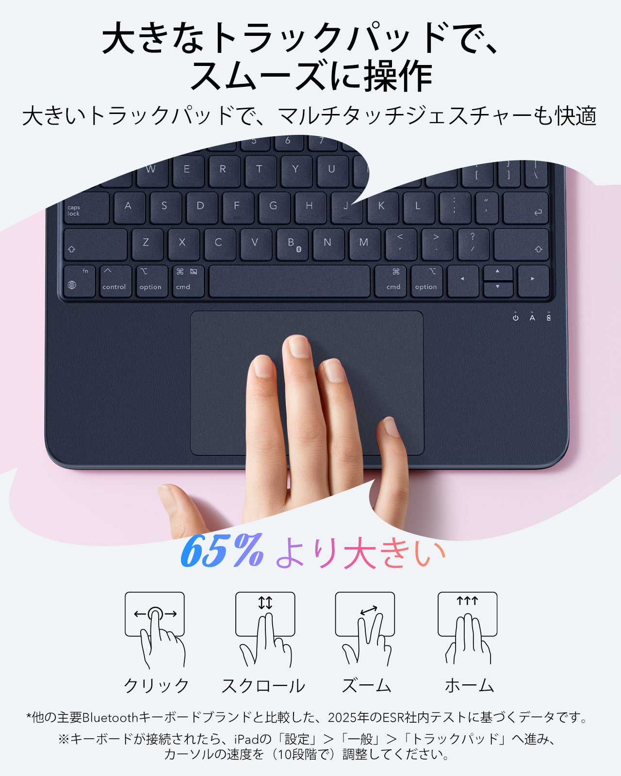 一般的なキーボードケースより65％大きいなトラックパッドを搭載しています。