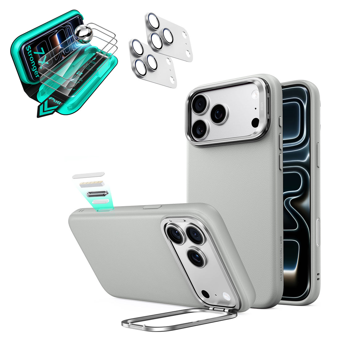 iPhone 18 Pro Bundle Atelier Vegan Leather Magnetic Case with Camera Control and Flex Stand, Plus Armorite®️ Screen Protector -  Light Gray  Product type
