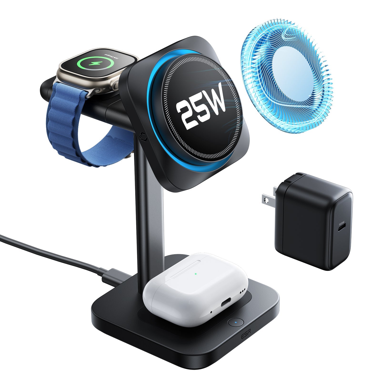 高速Qi2.2 25W 3-in-1 磁気ワイヤレス充電器 & アクティブクーリング | ESR