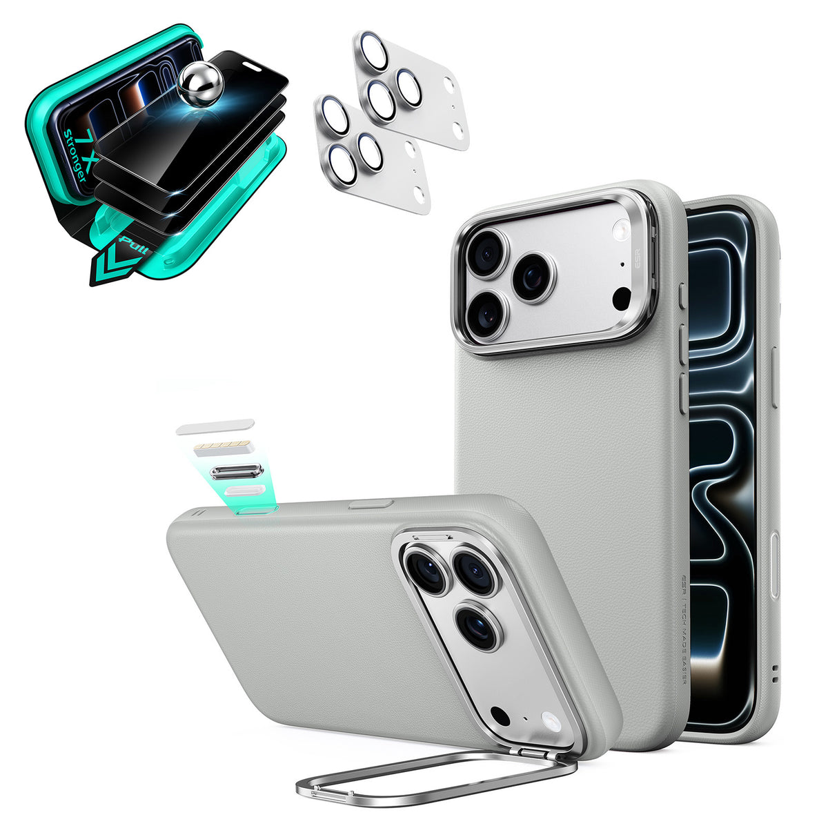 iPhone 18 Pro Max Bundle Atelier Vegan Leather Magnetic Case with Camera Control and Flex Stand, Plus Armorite®️ Privacy Screen Protector - Light Gray  Product type