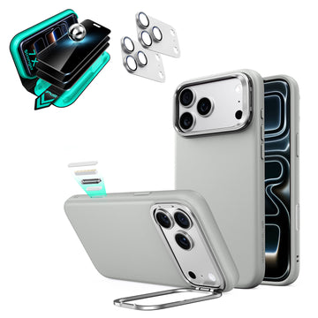 iPhone 18 Pro Max Bundle Atelier Vegan Leather Magnetic Case with Camera Control and Flex Stand, Plus Armorite®️ Privacy Screen Protector - Light Gray  Product type