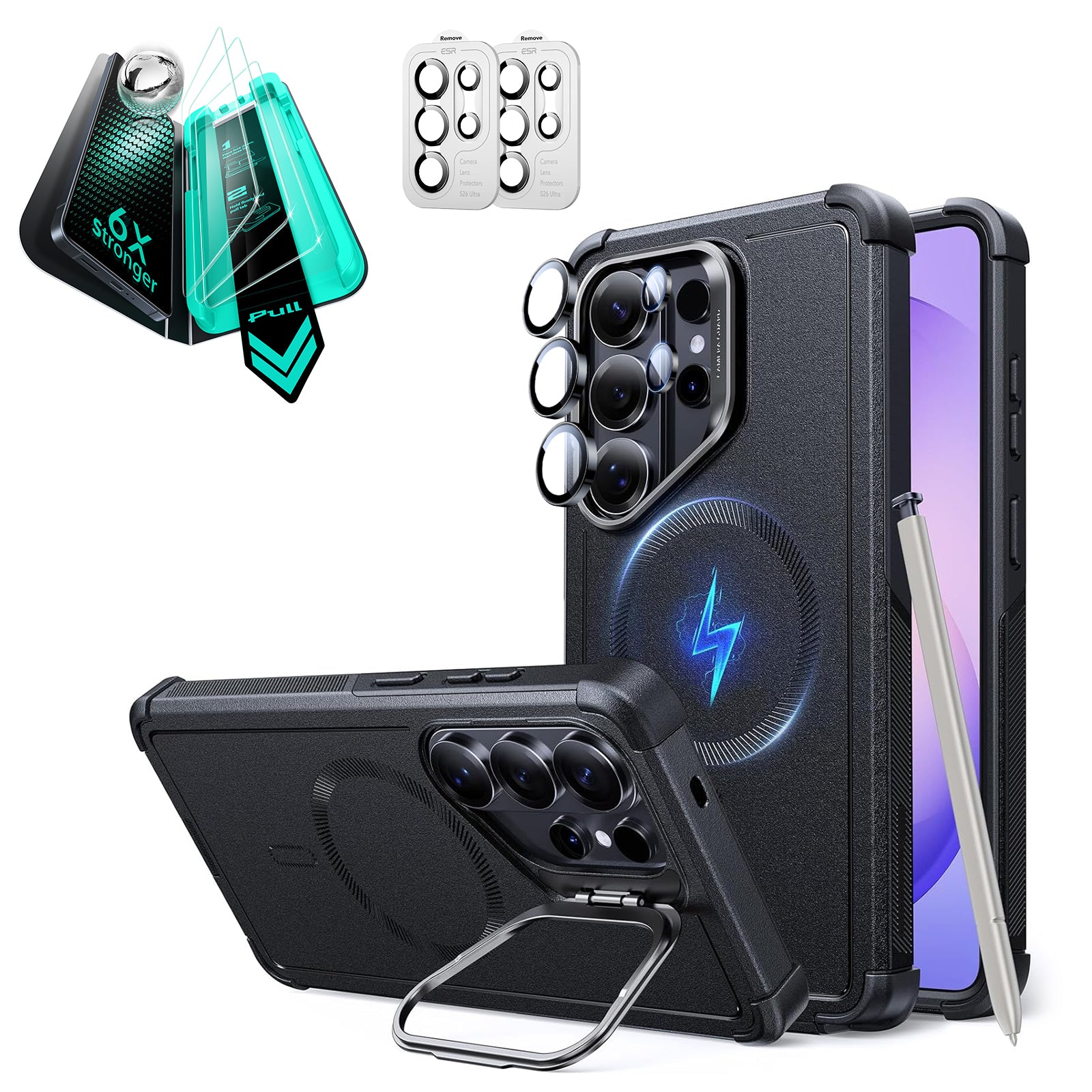 Galaxy S26 Ultra Bundle Cyber Tough Magnetic Case (Stash Stand) and Armorite® Screen Protector - Black  Product type