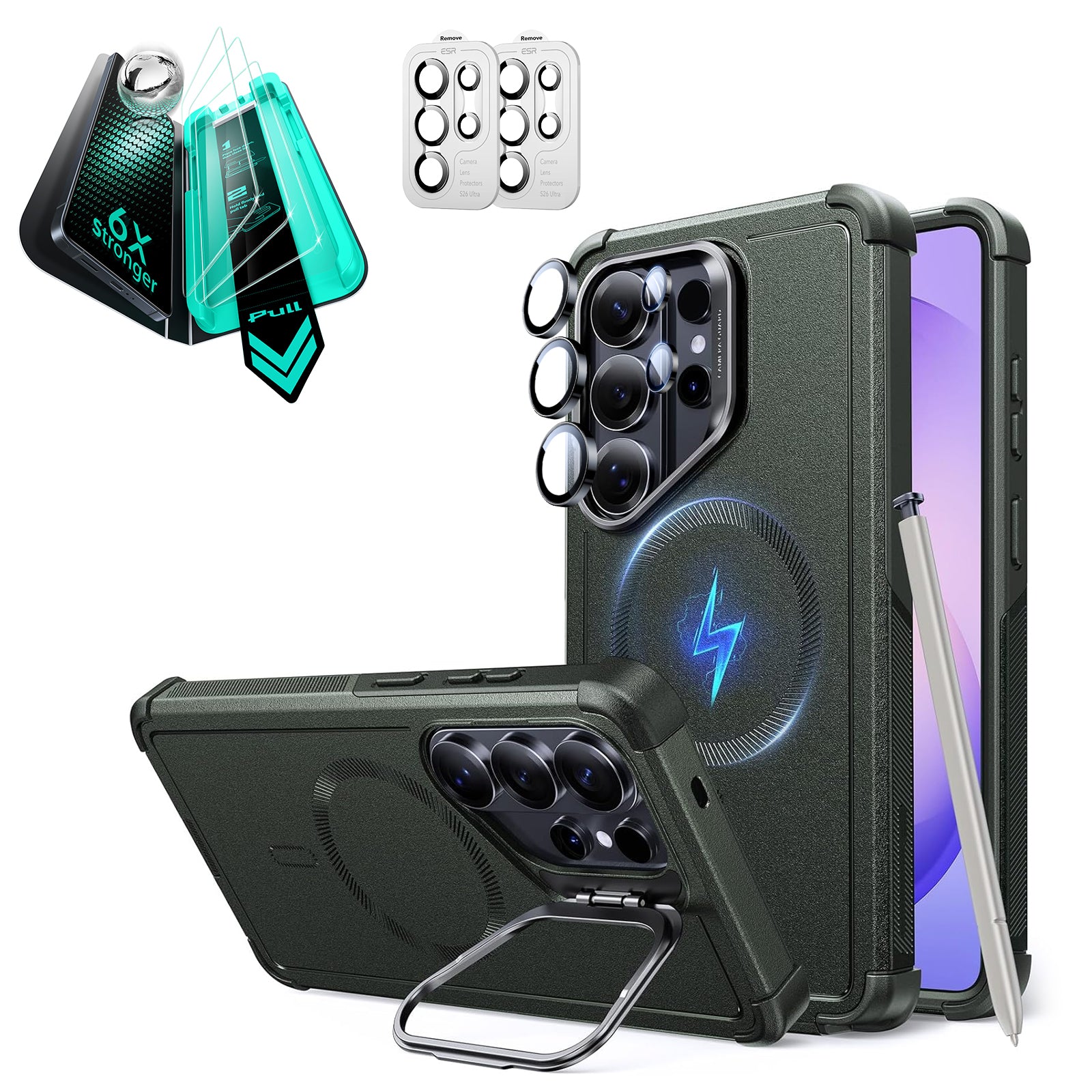 Galaxy S26 Ultra Bundle Cyber Tough Magnetic Case (Stash Stand) and Armorite® Screen Protector - Olive Green  Product type