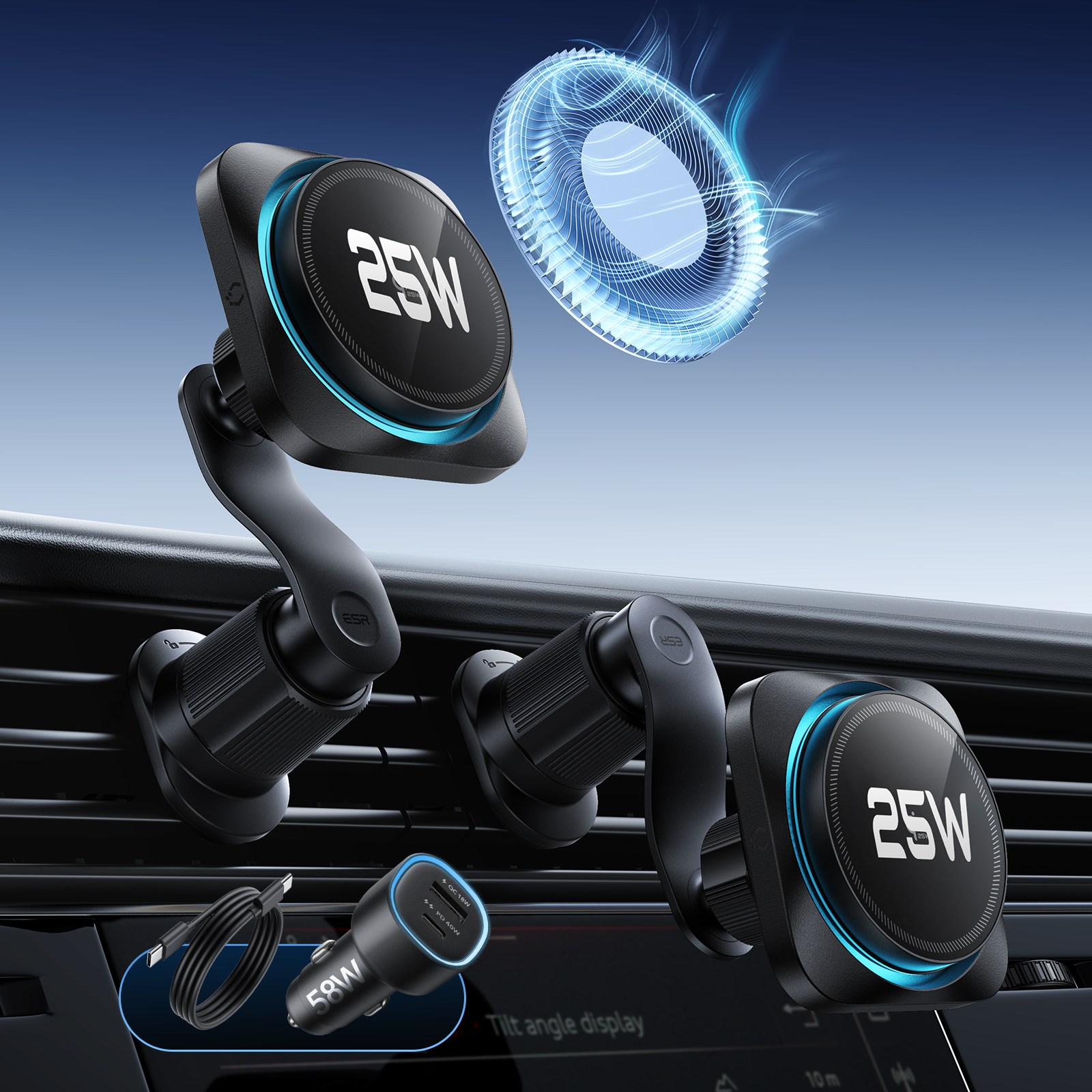 OmniLock Magnetic Car Charger (25W, CryoBoost, Air Vent) - Black  Product type