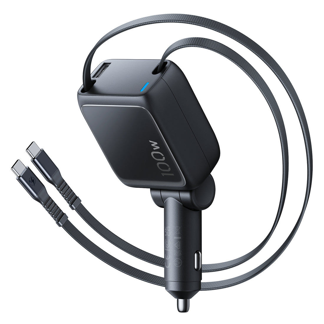 Xtend 100W 巻き取り式ケーブル車載充電器 ケーブル2本付き ブラック