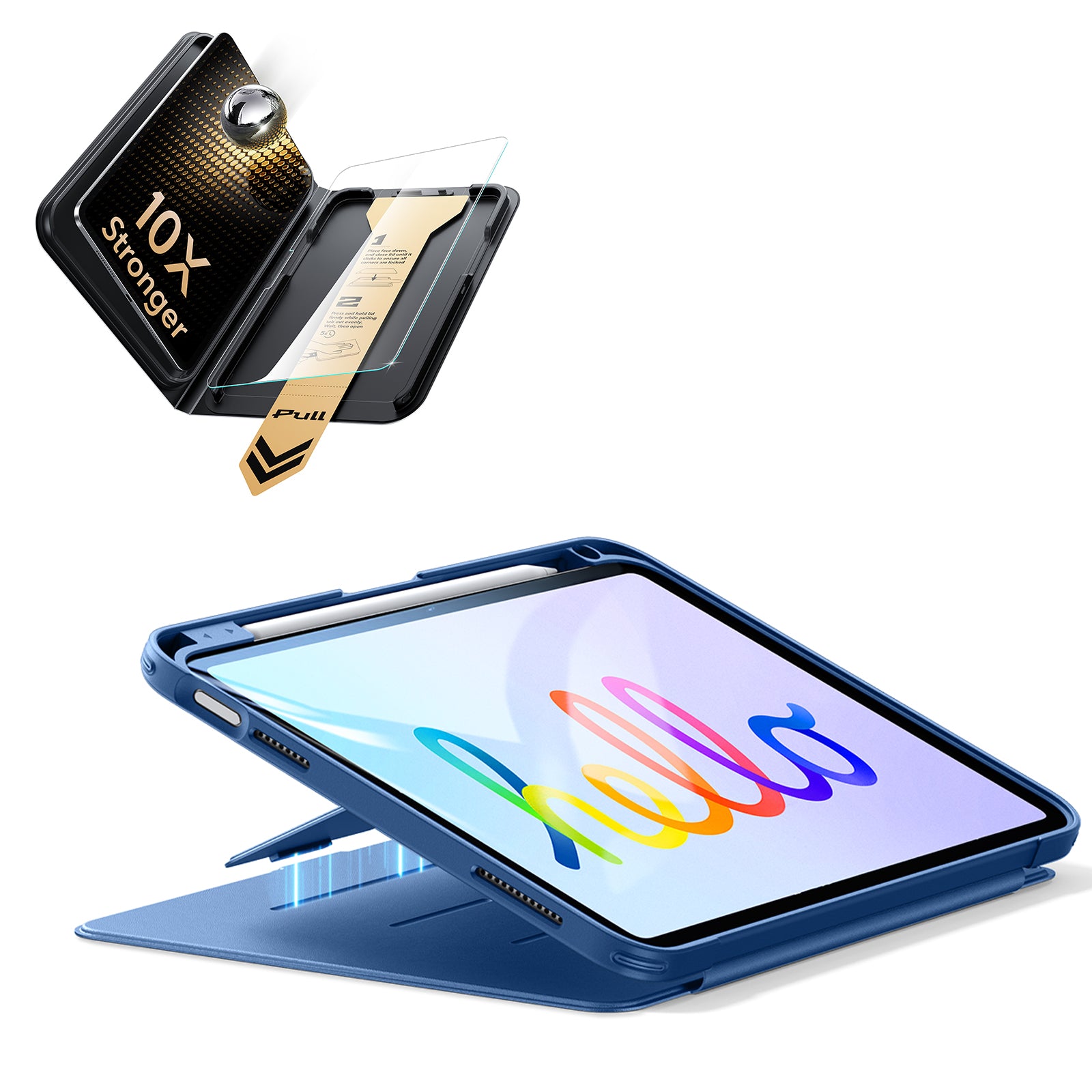 iPad 11インチ(A16) 2025用 Flipマグネットケース（ペンホルダー付き）＆Armorite® Proガラス保護フィルム（UltraFitトレー付き）セット - ネイビーブルー