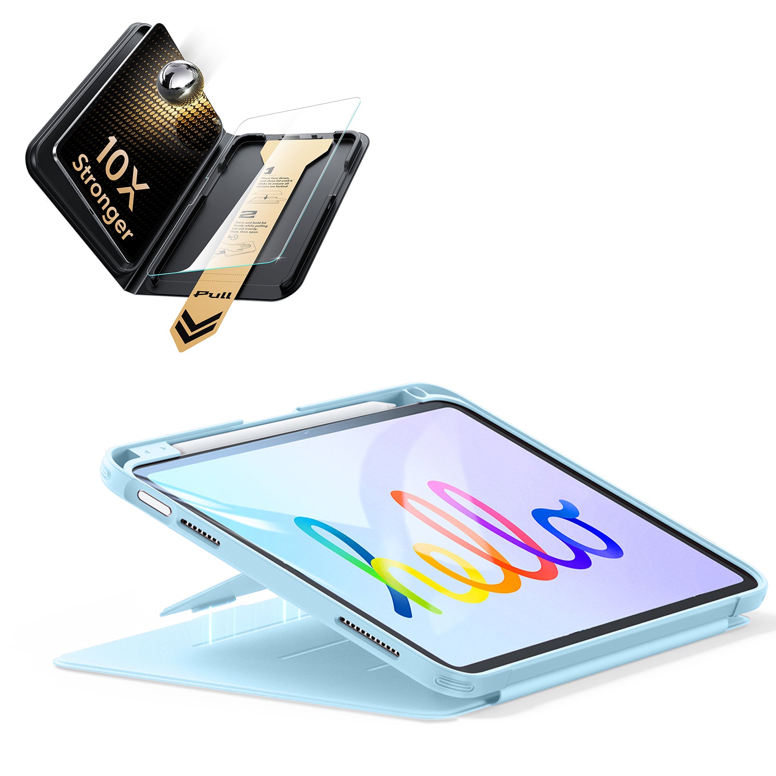 iPad 11インチ(A16) 2025用 Flipマグネットケース（ペンホルダー付き）＆Armorite® Proガラス保護フィルム（UltraFitトレー付き）セット - スカイブルー