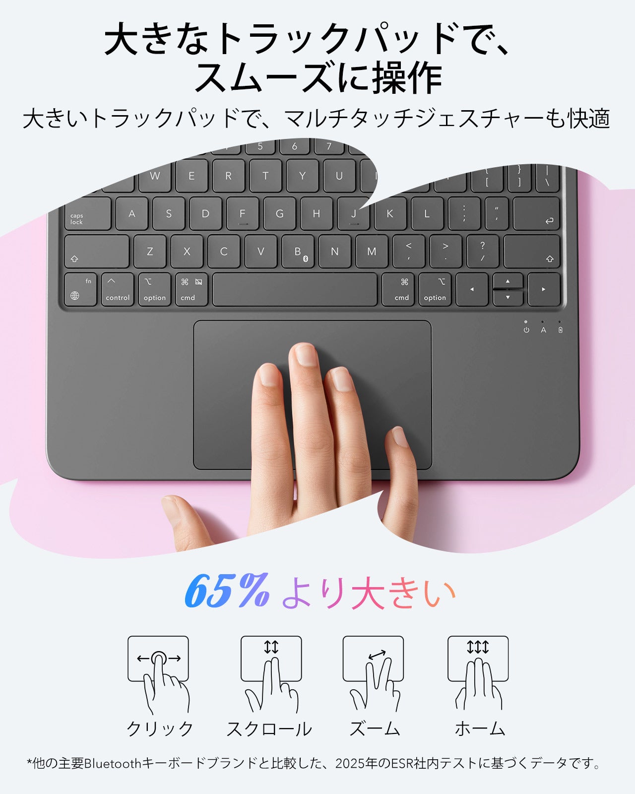 大型トラックパッドを搭載したマグネット着脱式キーボードケースにより、新しいiPadの使い方がさらに広がります。スクリーン保護フィルムと併用することで、iPadを360°隅々まで保護できます。