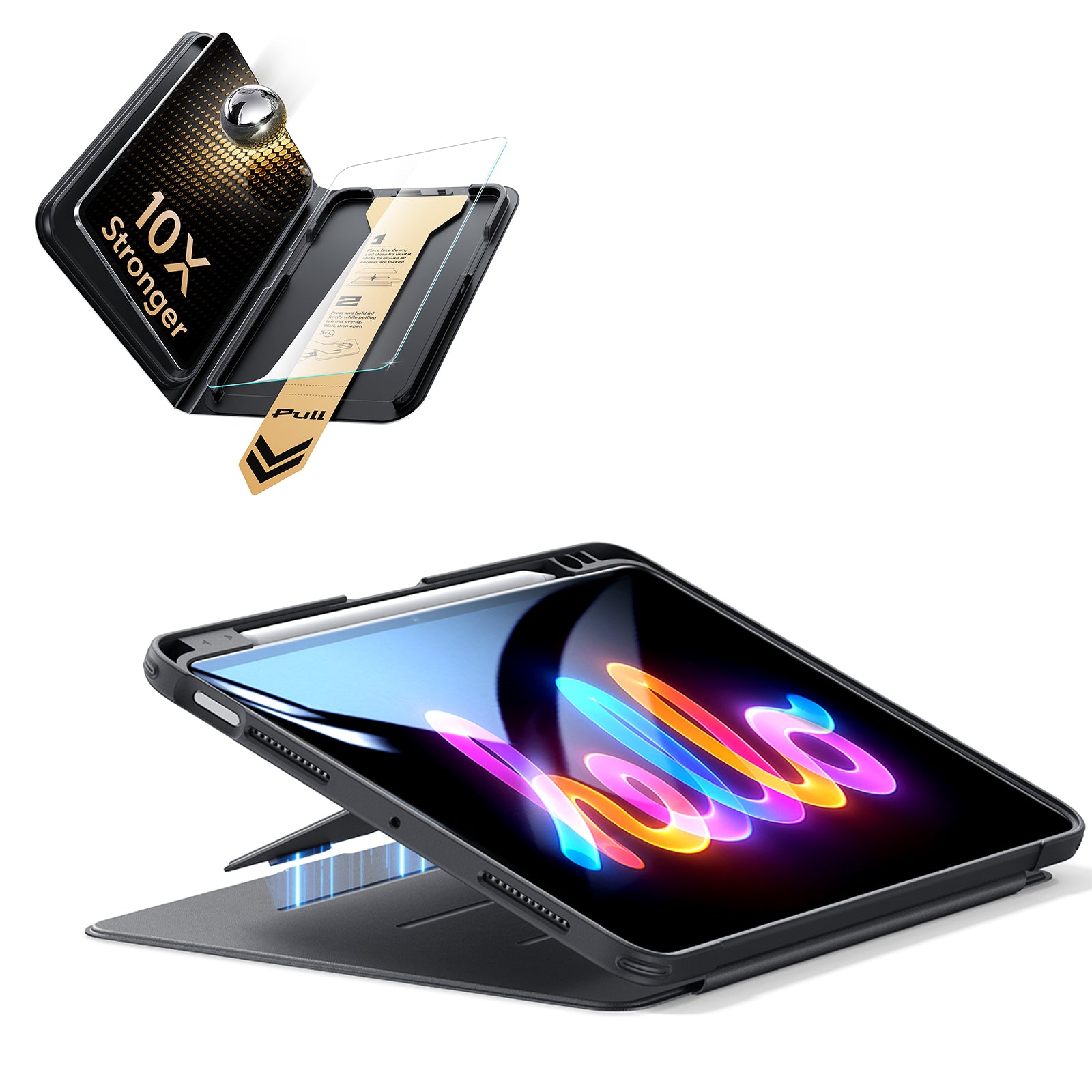 iPad Air 11インチ(M4) 2026用 Flipマグネットケース（ペンホルダー付き）＆Armorite® Proガラス保護フィルム（UltraFitトレー付き）セット - ブラック