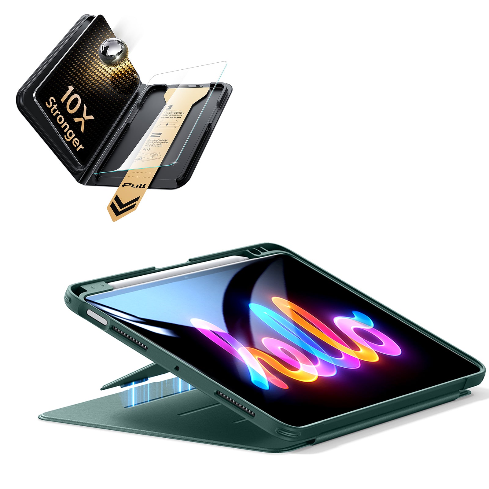 iPad Air 11インチ(M4) 2026用 Flipマグネットケース（ペンホルダー付き）＆Armorite® Proガラス保護フィルム（UltraFitトレー付き）セット - グリーン