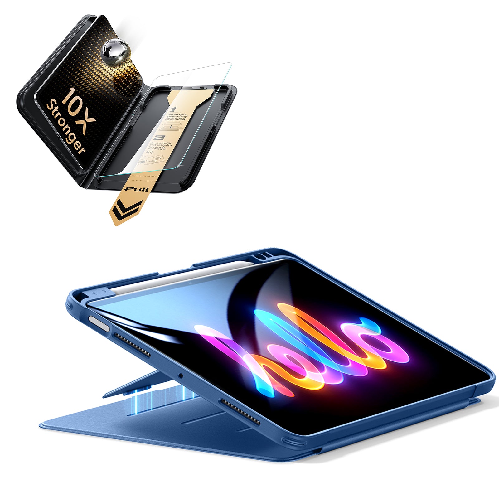 iPad Air 11インチ(M4) 2026用 Flipマグネットケース（ペンホルダー付き）＆Armorite® Proガラス保護フィルム（UltraFitトレー付き）セット - ネイビーブルー