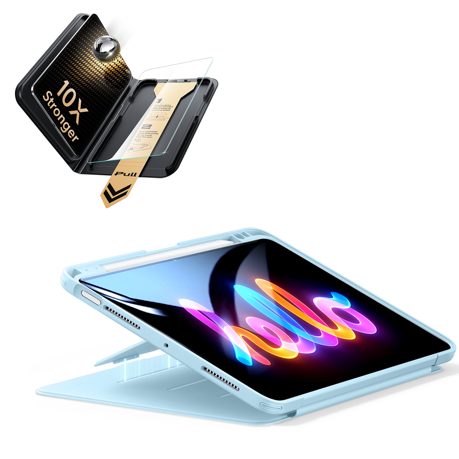 iPad Air 11インチ(M4) 2026用 Flipマグネットケース（ペンホルダー付き）＆Armorite® Proガラス保護フィルム（UltraFitトレー付き）セット - スカイブルー