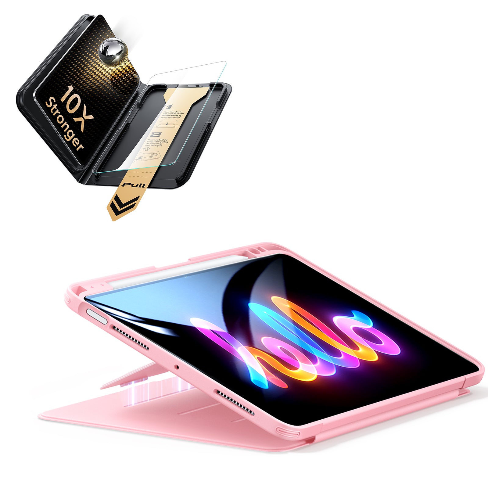 iPad Air 11インチ(M4) 2026用 Flipマグネットケース（ペンホルダー付き）＆Armorite® Proガラス保護フィルム（UltraFitトレー付き）セット - ピンク