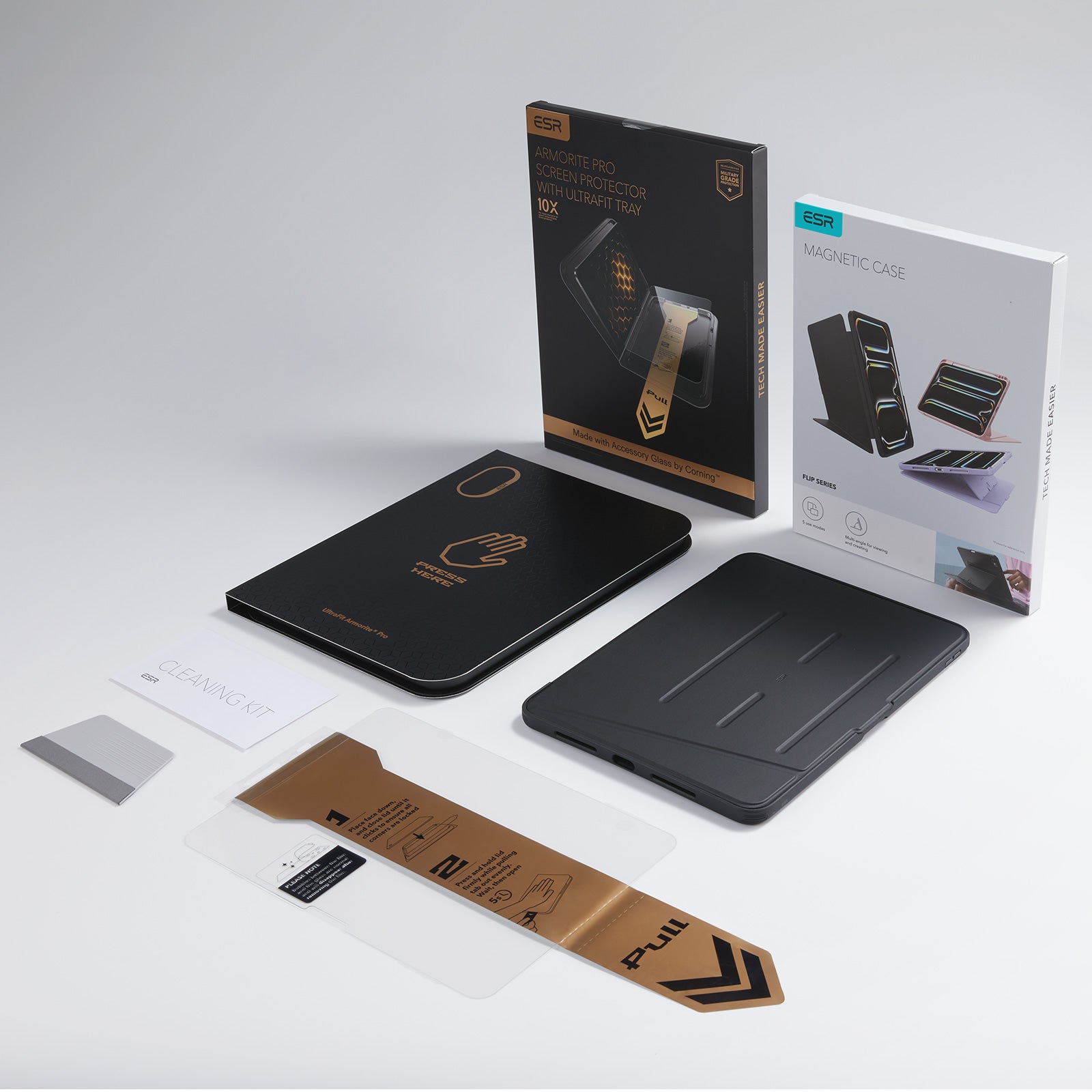 iPad Air 11インチ(M4) 2026用 Flipマグネットケース（ペンホルダー付き）＆Armorite® Proガラス保護フィルム（UltraFitトレー付き）セット