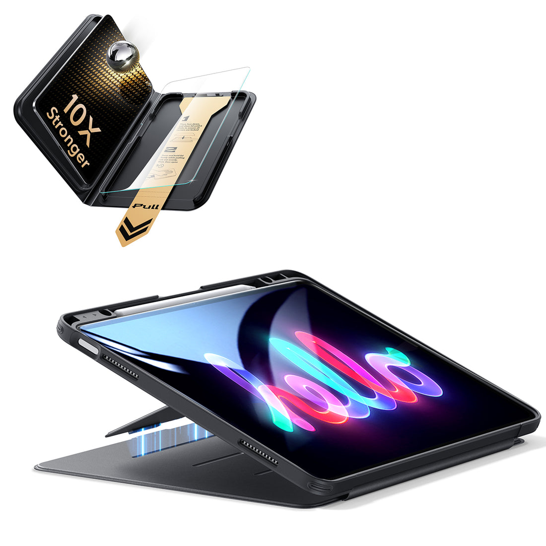 iPad Air 13インチ(M4) 2026用 Flipマグネットケース（ペンホルダー付き）＆Armorite® Proガラス保護フィルム（UltraFitトレー付き）セット - ブラック