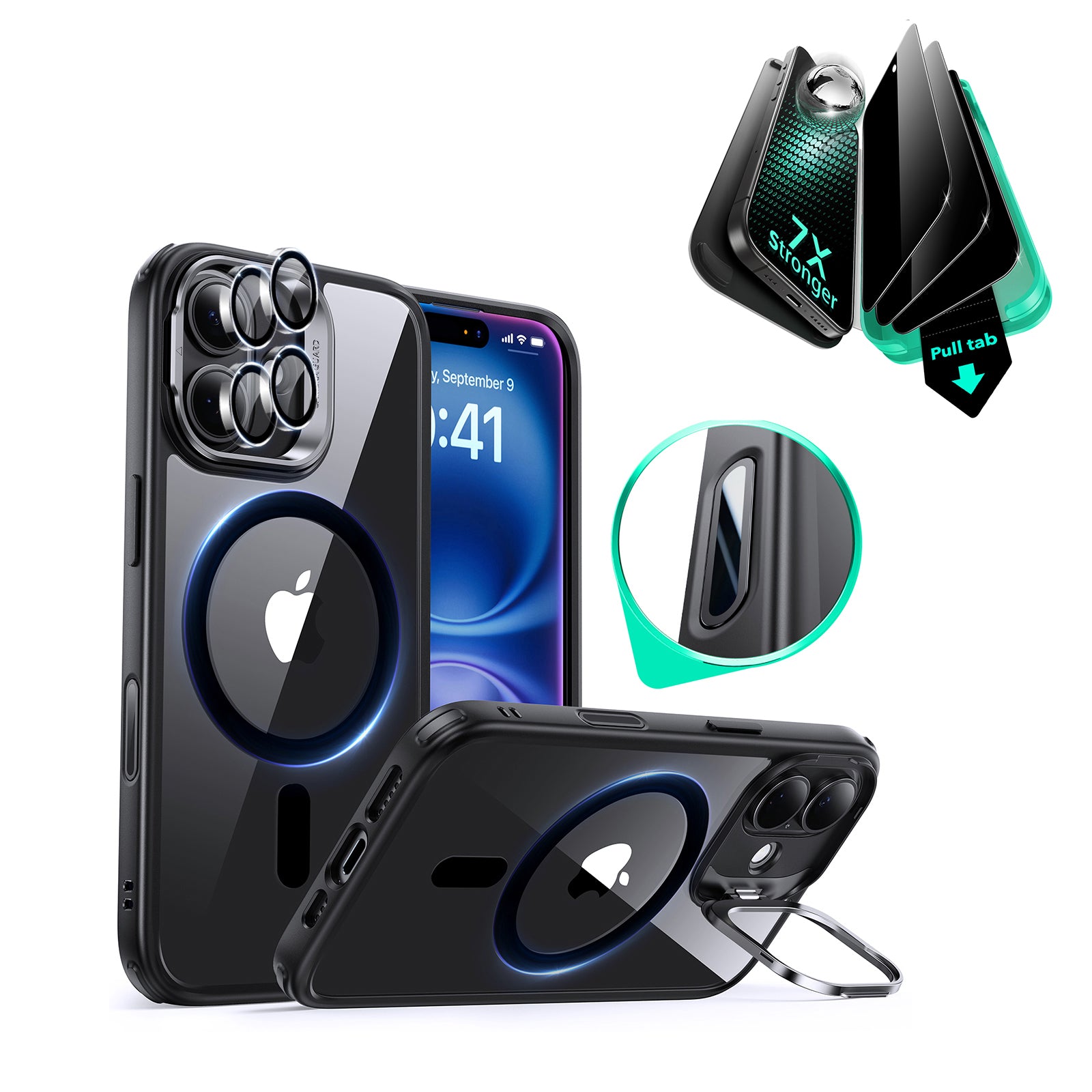 iPhone 16 Classic Hybrid Magnetic Case (Camera Control, Stash Stand) & Privacy Screen Protector Bundle - Clear Black  Product type