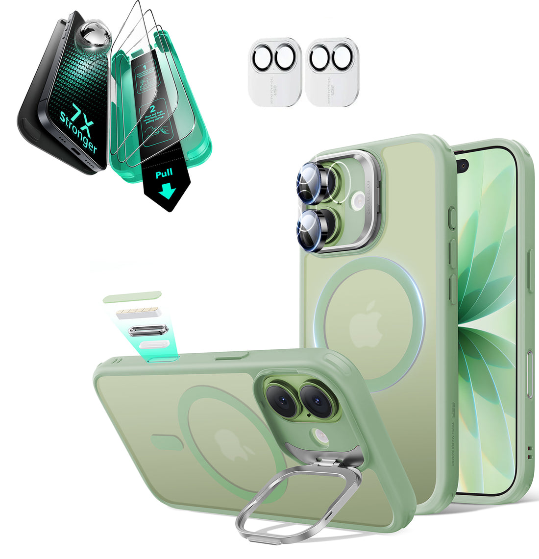iPhone 17 Bundle Classic Hybrid Magnetic Case (Camera Control, Stash Stand) and Armorite Screen Protector - Frosted Light Green  Product type