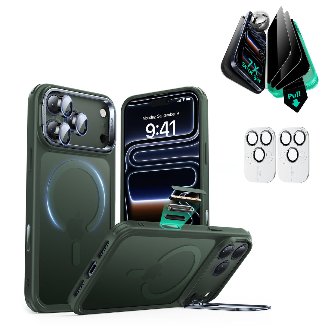iPhone 17 Pro Bundle Classic Hybrid Magnetic Case (Camera Control, Stash Stand) and Armorite Privacy Screen Protector - Frosted Green  Product type