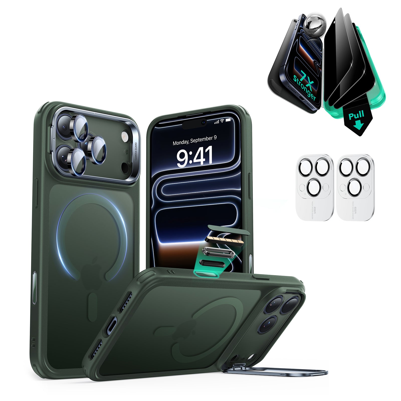 iPhone 17 Pro Max Bundle Classic Hybrid Magnetic Case (Camera Control, Stash Stand) and Armorite Privacy Screen Protector - Frosted Green  Product type