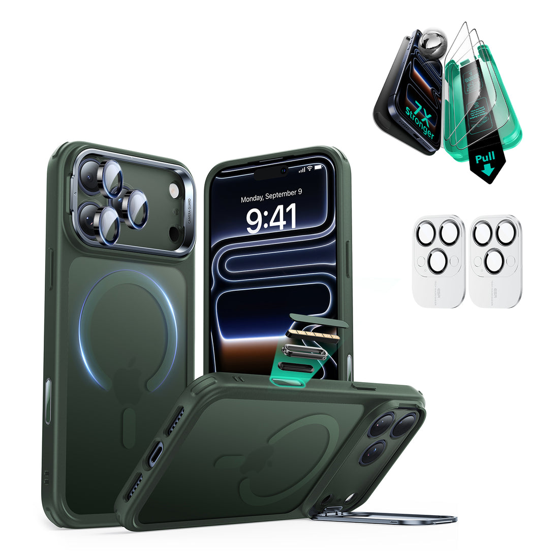 iPhone 17 Pro Max Bundle Classic Hybrid Magnetic Case (Camera Control, Stash Stand) and Armorite Screen Protector - Frosted Green  Product type