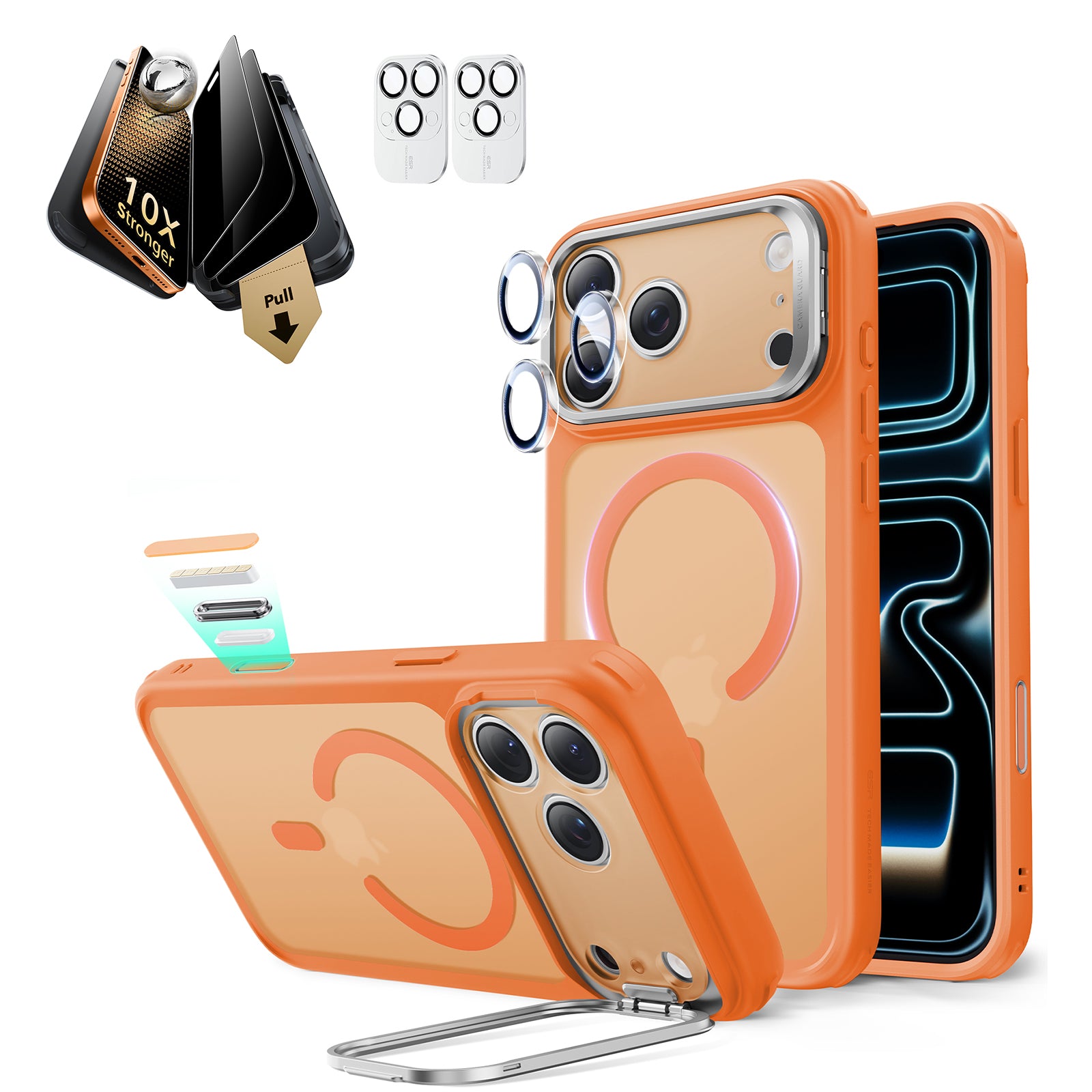iPhone 17 Pro Max Bundle Classic Hybrid Magnetic Case (Stash Stand) and Armorite Pro Privacy Screen Protector - Frosted Orange  Product type