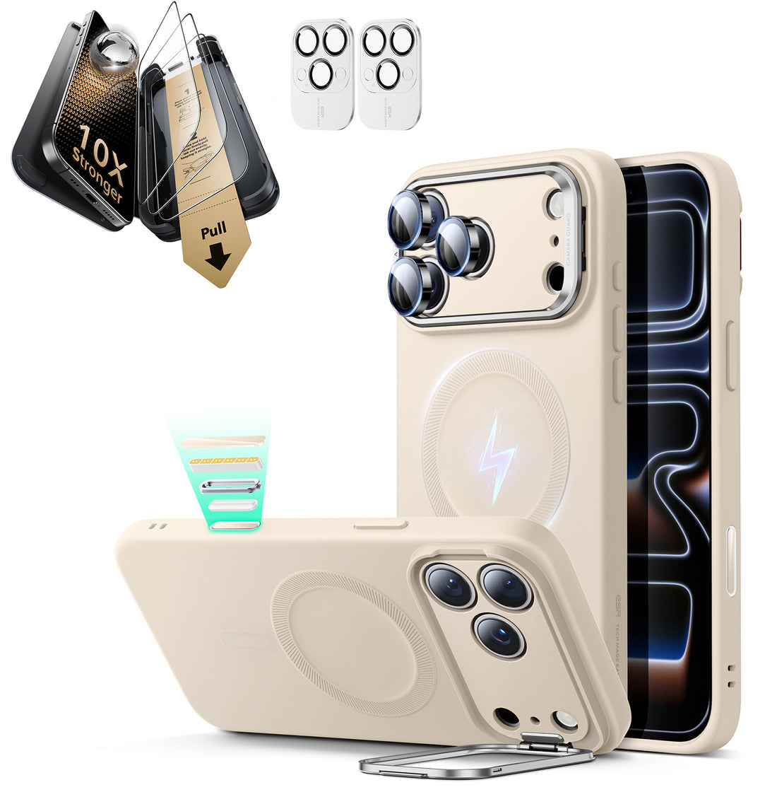 iPhone 17 Pro Max Bundle Cloud Soft Magnetic Case (Camera Control, Stash Stand) and Armorite Pro Screen Protector - Light Tan  Product type