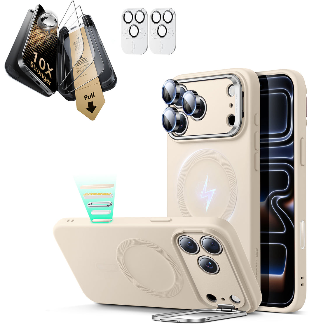 iPhone 17 Pro Bundle Cloud Soft Magnetic Case (Camera Control, Stash Stand) and Armorite Pro Screen Protector - Light Tan  Product type