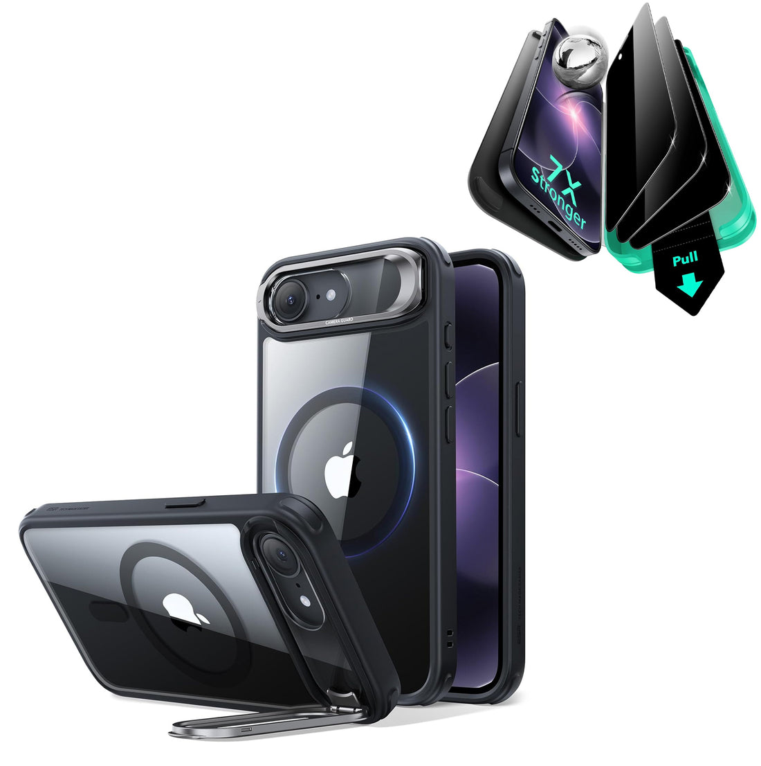 iPhone 17e Bundle Classic Hybrid Magnetic Case (Stash Stand) & Armorite® Privacy Screen Protector - Clear Black  Product type